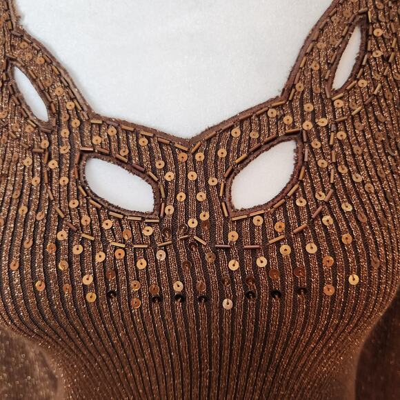 Once Again Sweater Sz Small Women Metallic Gold Brown Ribbed Sequin Fairy Grunge - Picture 3 of 12